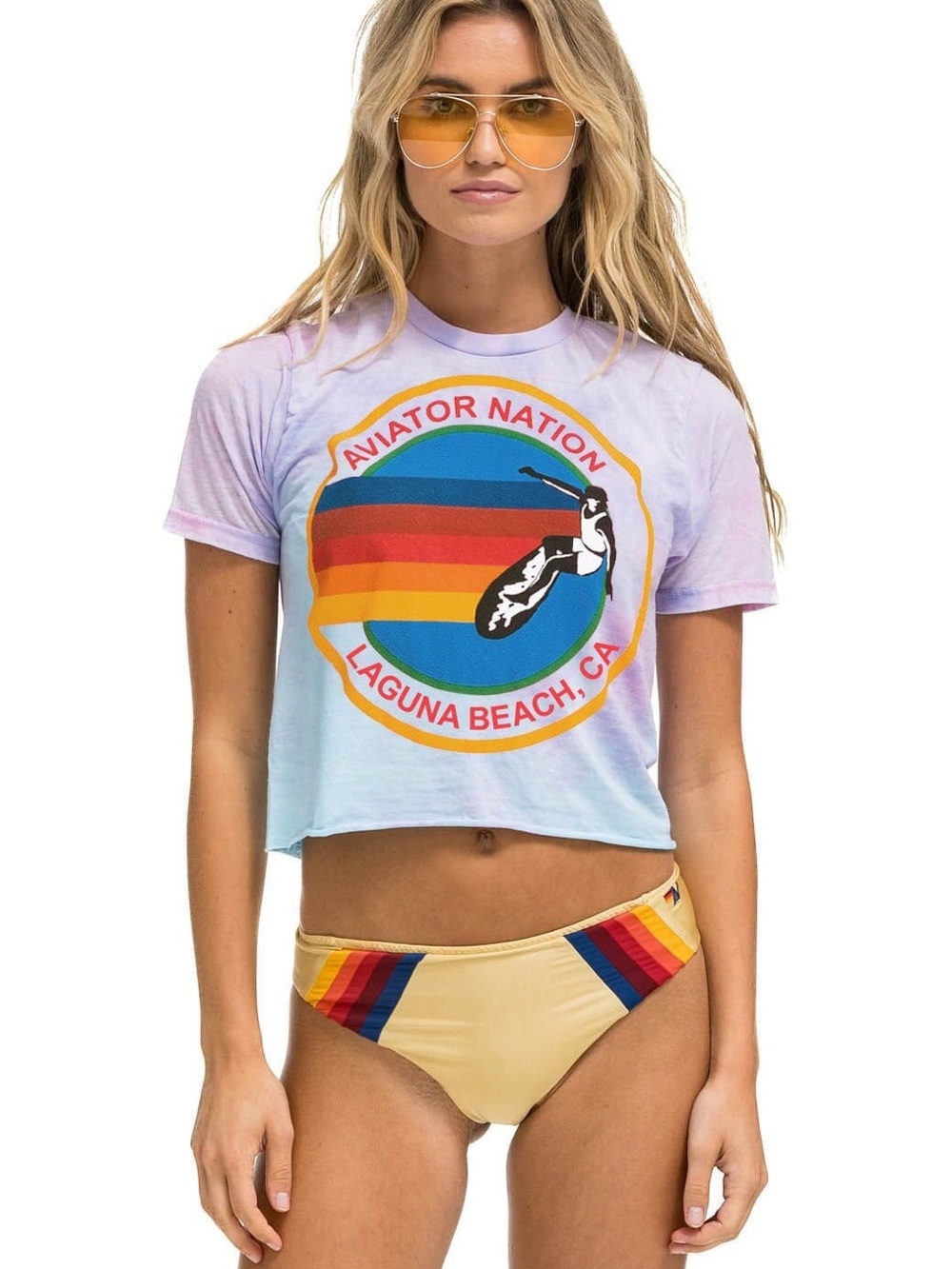 Aviator Nation Pastel Lavender & Sky Tie-Dye Crop Tee with Laguna Beach Graphic